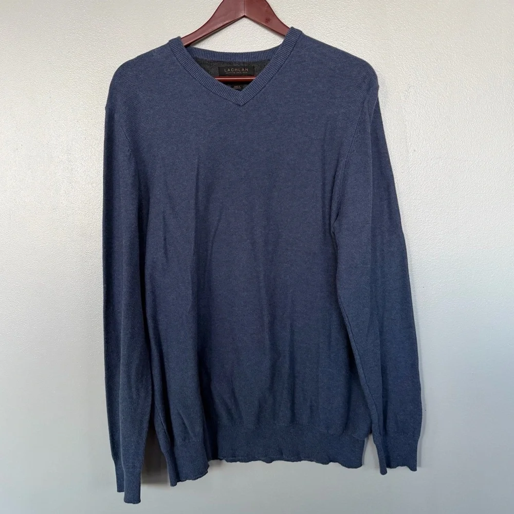 Lachlan XL Mens British Inspired Blue‎ Heathered V-Neck Pullover Sweater Cotton